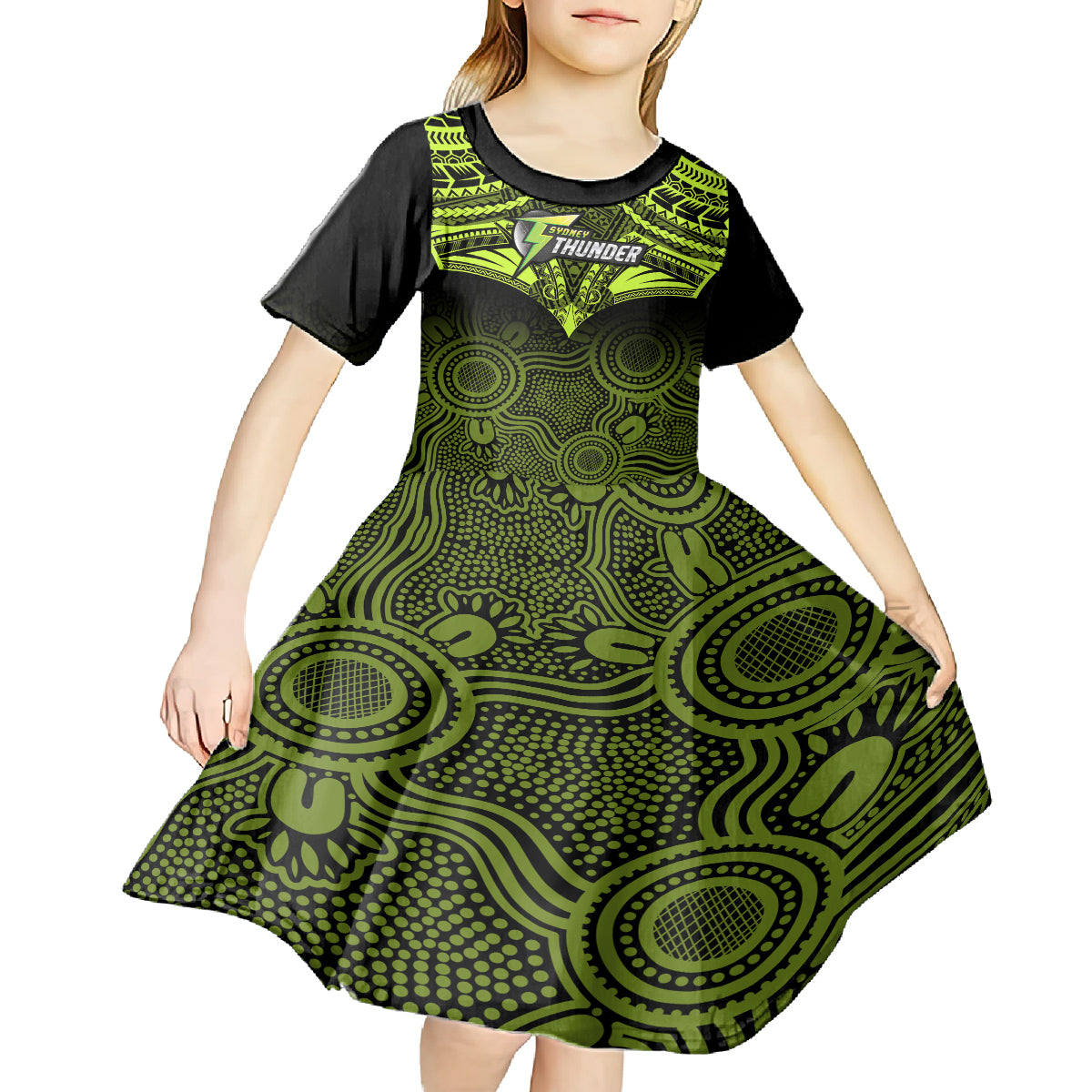 sydney-thunder-cricket-kid-short-sleeve-dress-2023-unique-indigenous-art-mix-polynesian-pattern