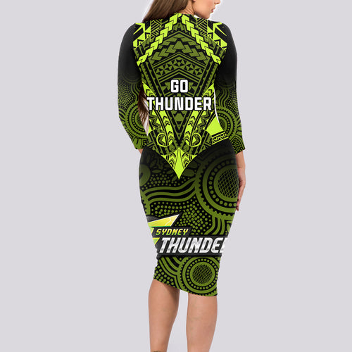 sydney-thunder-cricket-long-sleeve-bodycon-dress-2023-unique-indigenous-art-mix-polynesian-pattern
