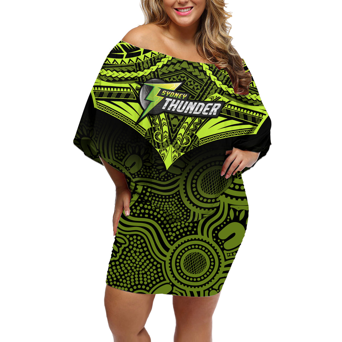 sydney-thunder-cricket-off-shoulder-short-dress-2023-unique-indigenous-art-mix-polynesian-pattern