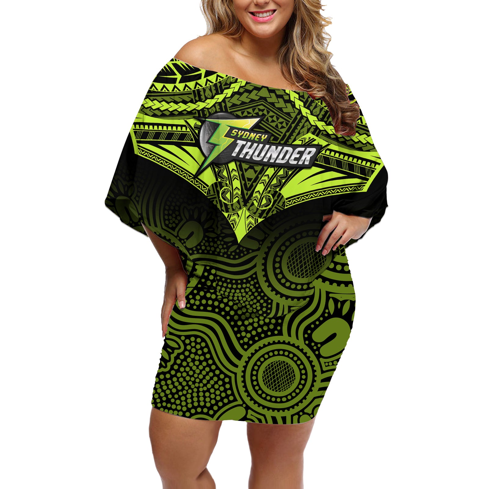 sydney-thunder-cricket-off-shoulder-short-dress-2023-unique-indigenous-art-mix-polynesian-pattern