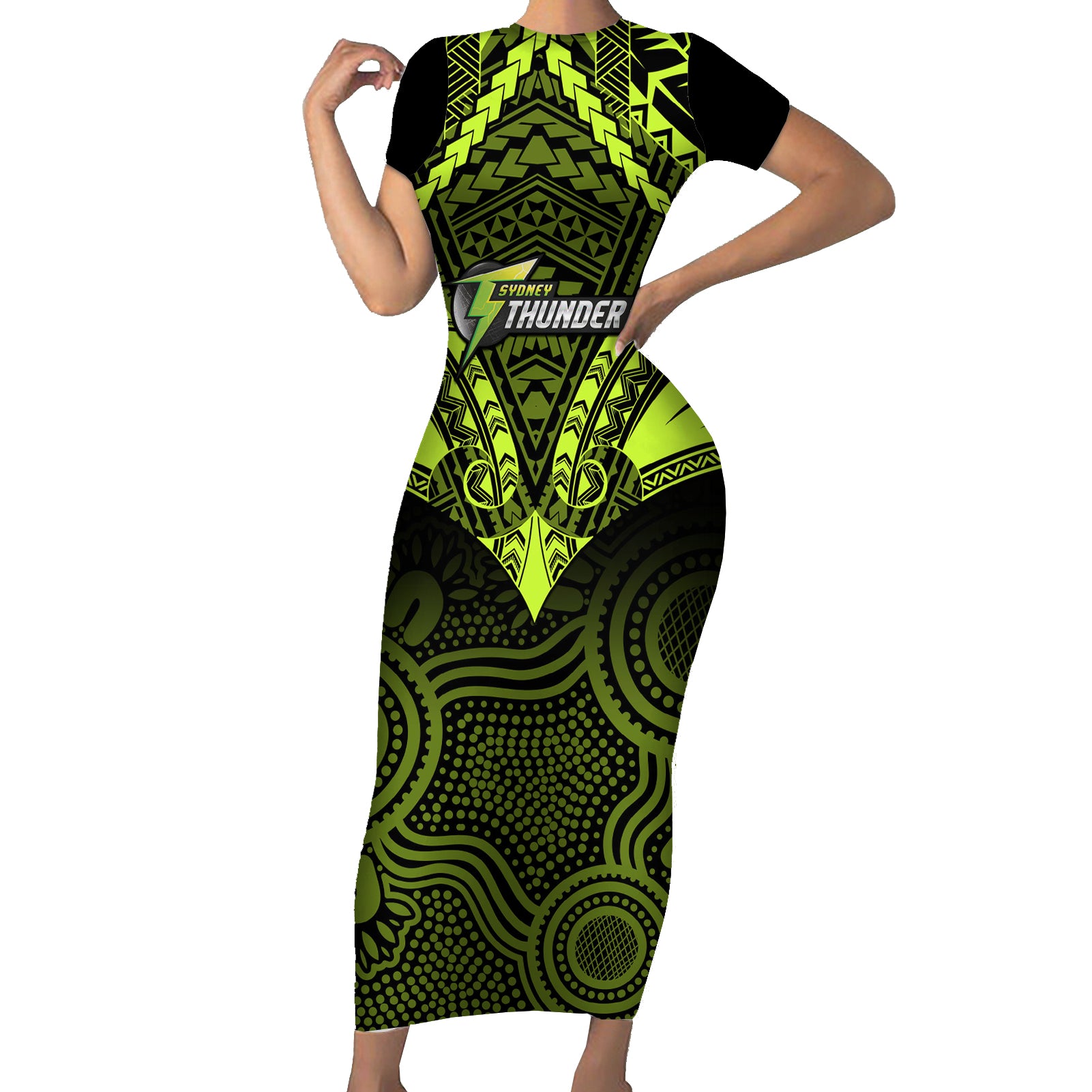 sydney-thunder-cricket-short-sleeve-bodycon-dress-2023-unique-indigenous-art-mix-polynesian-pattern