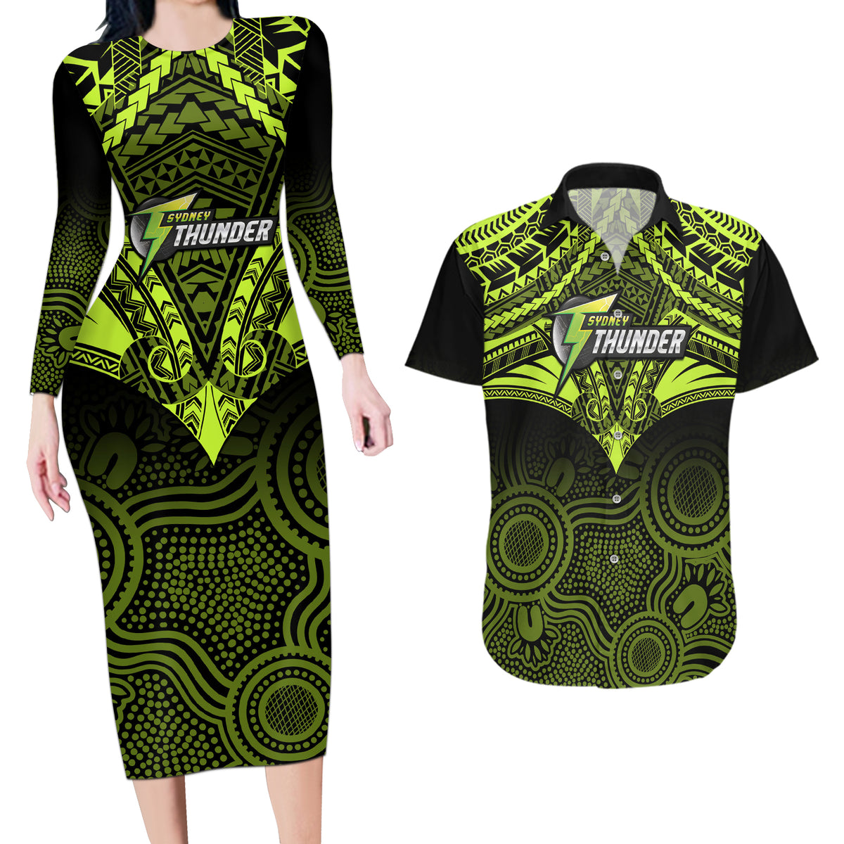 custom-sydney-thunder-cricket-couples-matching-long-sleeve-bodycon-dress-and-hawaiian-shirt-2023-unique-indigenous-art-mix-polynesian-pattern