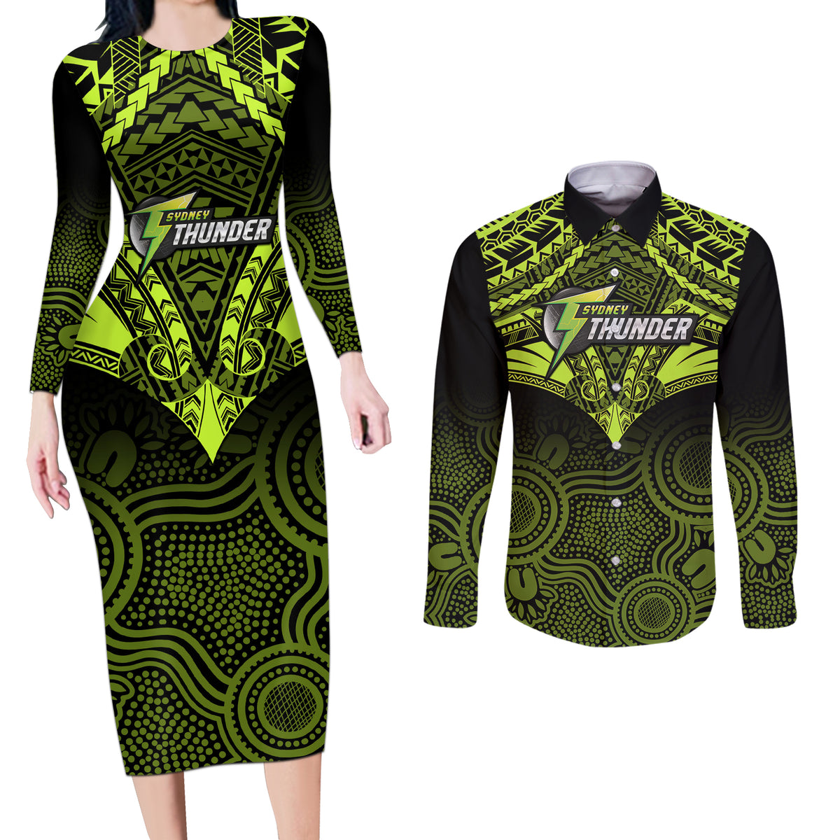 custom-sydney-thunder-cricket-couples-matching-long-sleeve-bodycon-dress-and-long-sleeve-button-shirts-2023-unique-indigenous-art-mix-polynesian-pattern