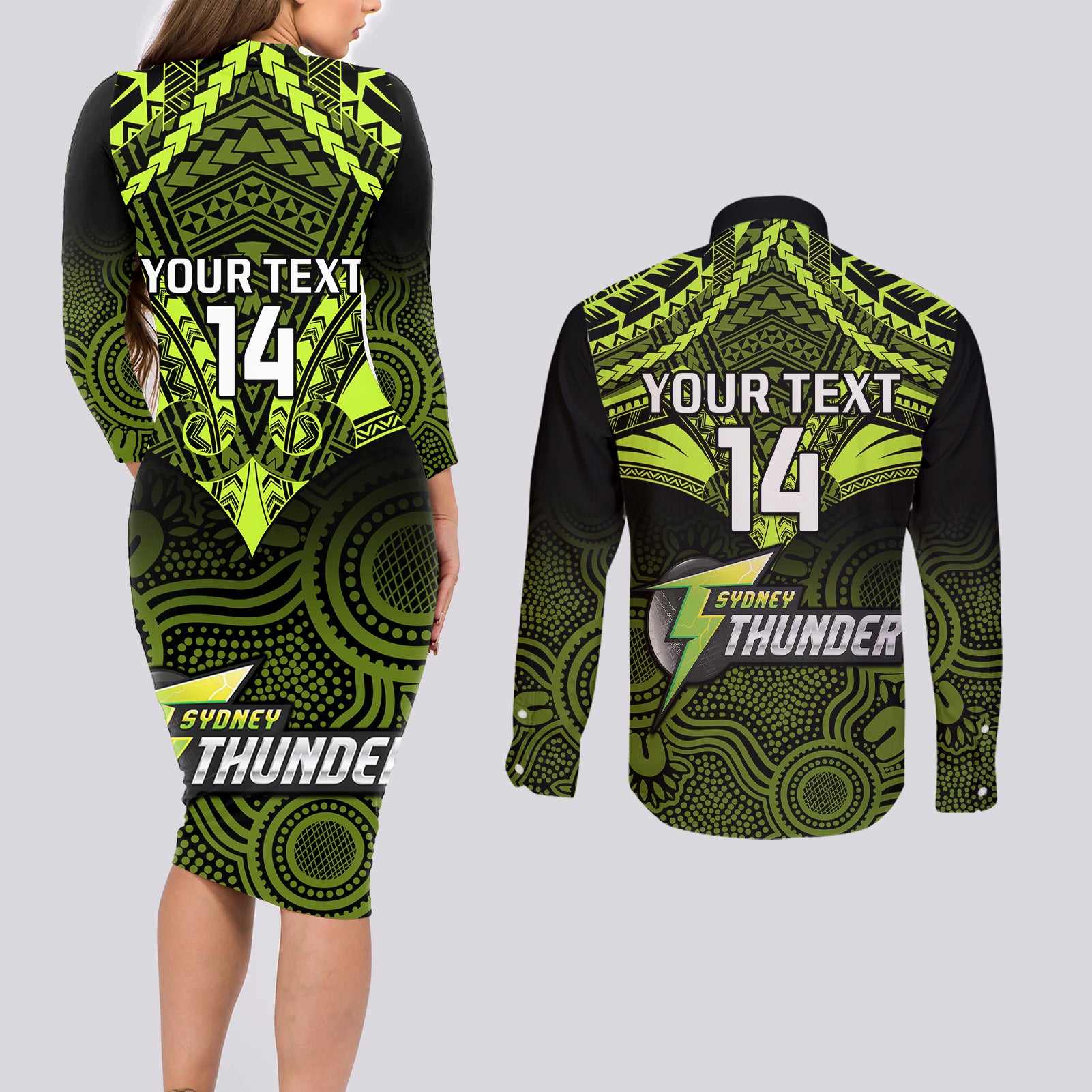 custom-sydney-thunder-cricket-couples-matching-long-sleeve-bodycon-dress-and-long-sleeve-button-shirts-2023-unique-indigenous-art-mix-polynesian-pattern