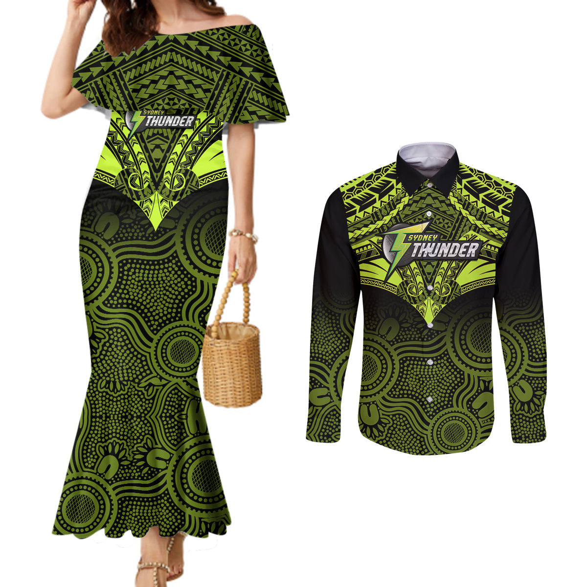custom-sydney-thunder-cricket-couples-matching-mermaid-dress-and-long-sleeve-button-shirts-2023-unique-indigenous-art-mix-polynesian-pattern
