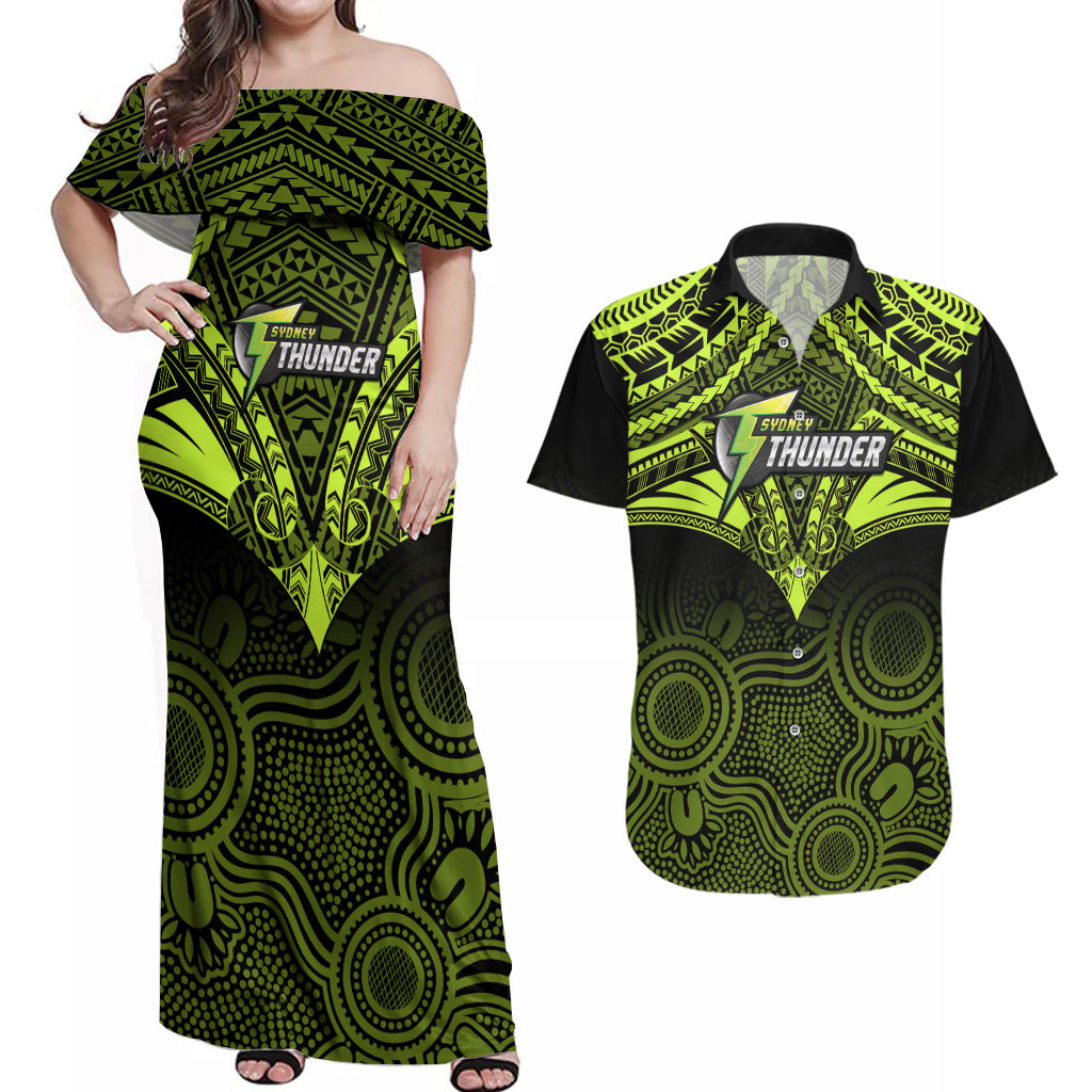 custom-sydney-thunder-cricket-couples-matching-off-shoulder-maxi-dress-and-hawaiian-shirt-2023-unique-indigenous-art-mix-polynesian-pattern