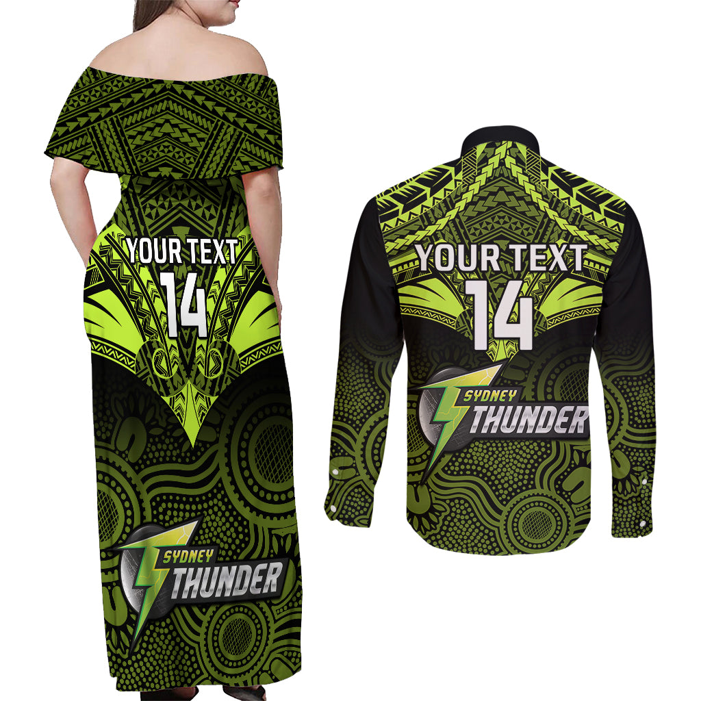 custom-sydney-thunder-cricket-couples-matching-off-shoulder-maxi-dress-and-long-sleeve-button-shirts-2023-unique-indigenous-art-mix-polynesian-pattern