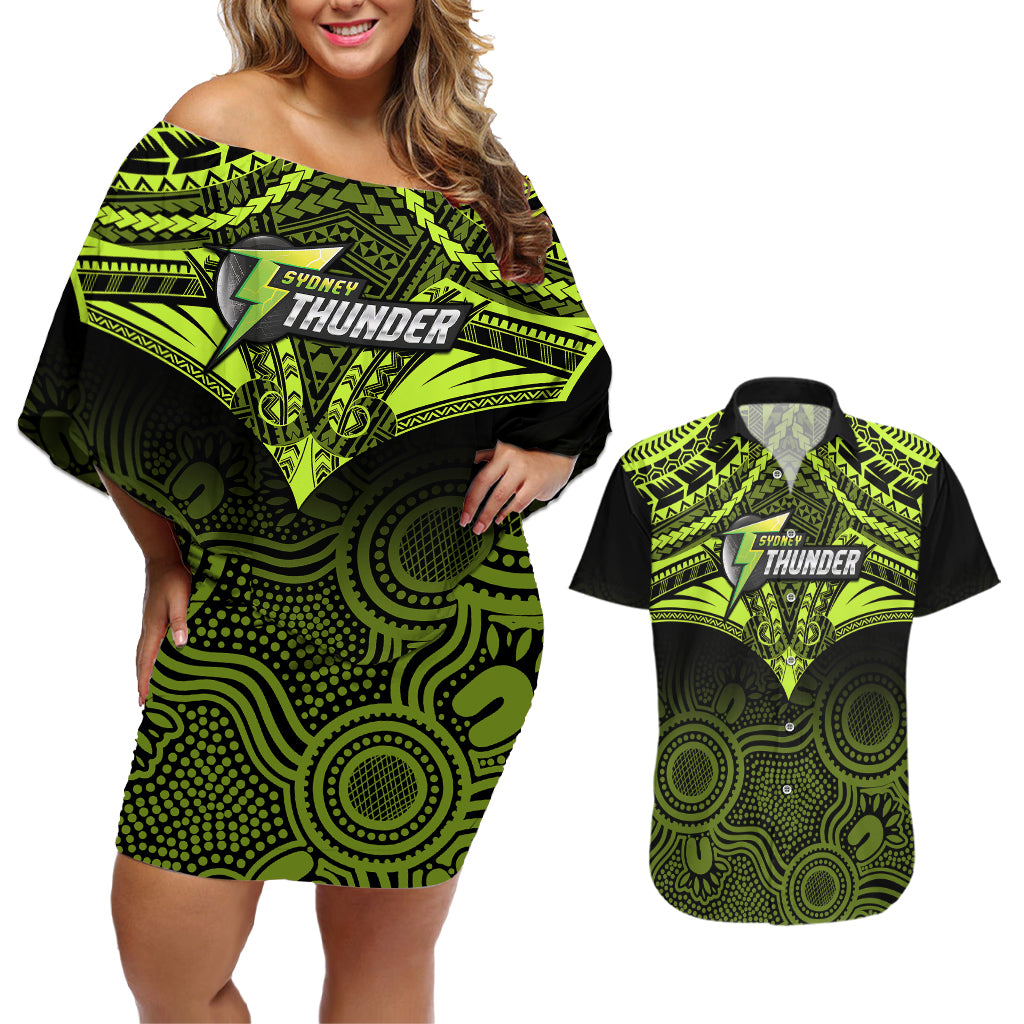 custom-sydney-thunder-cricket-couples-matching-off-shoulder-short-dress-and-hawaiian-shirt-2023-unique-indigenous-art-mix-polynesian-pattern