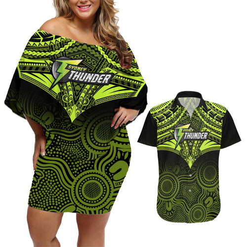 custom-sydney-thunder-cricket-couples-matching-off-shoulder-short-dress-and-hawaiian-shirt-2023-unique-indigenous-art-mix-polynesian-pattern