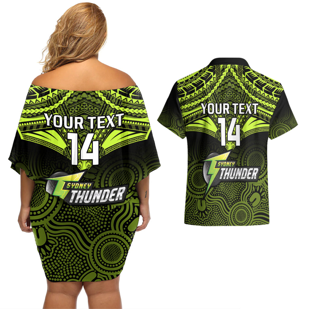 custom-sydney-thunder-cricket-couples-matching-off-shoulder-short-dress-and-hawaiian-shirt-2023-unique-indigenous-art-mix-polynesian-pattern