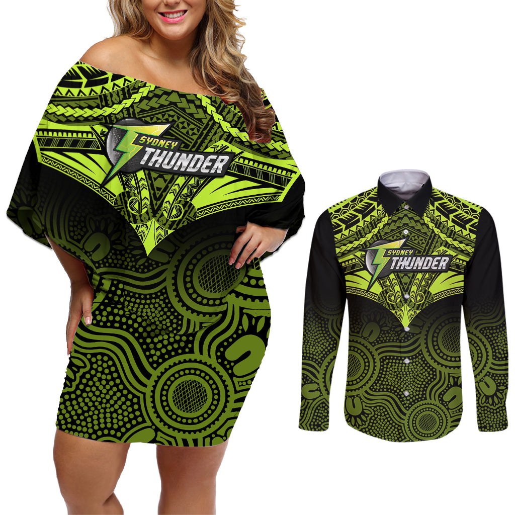 custom-sydney-thunder-cricket-couples-matching-off-shoulder-short-dress-and-long-sleeve-button-shirts-2023-unique-indigenous-art-mix-polynesian-pattern