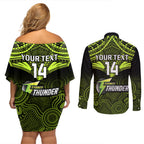 custom-sydney-thunder-cricket-couples-matching-off-shoulder-short-dress-and-long-sleeve-button-shirts-2023-unique-indigenous-art-mix-polynesian-pattern