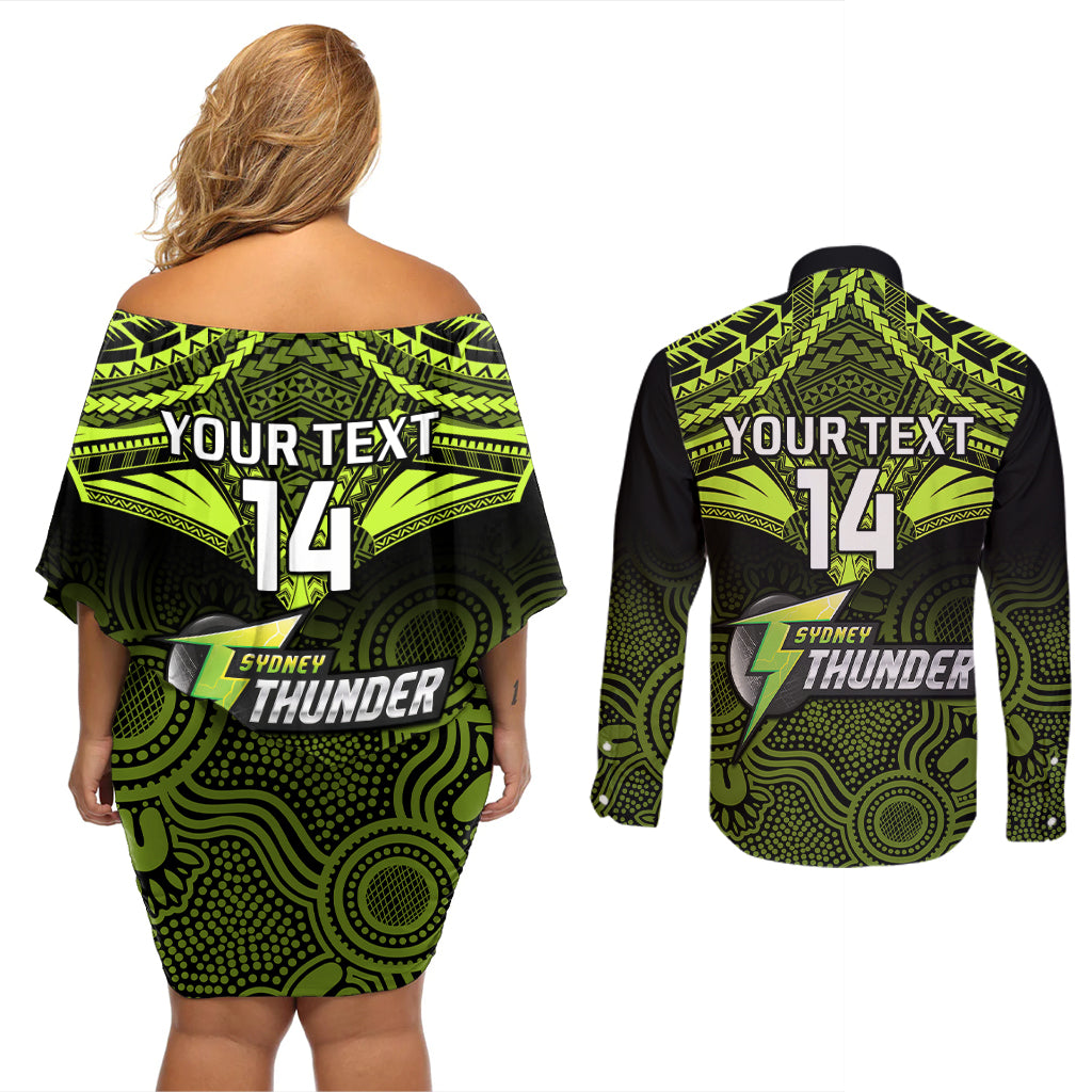 custom-sydney-thunder-cricket-couples-matching-off-shoulder-short-dress-and-long-sleeve-button-shirts-2023-unique-indigenous-art-mix-polynesian-pattern