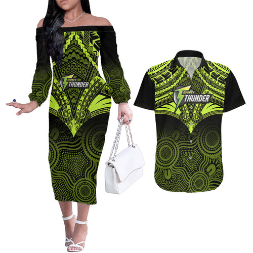 custom-sydney-thunder-cricket-couples-matching-off-the-shoulder-long-sleeve-dress-and-hawaiian-shirt-2023-unique-indigenous-art-mix-polynesian-pattern