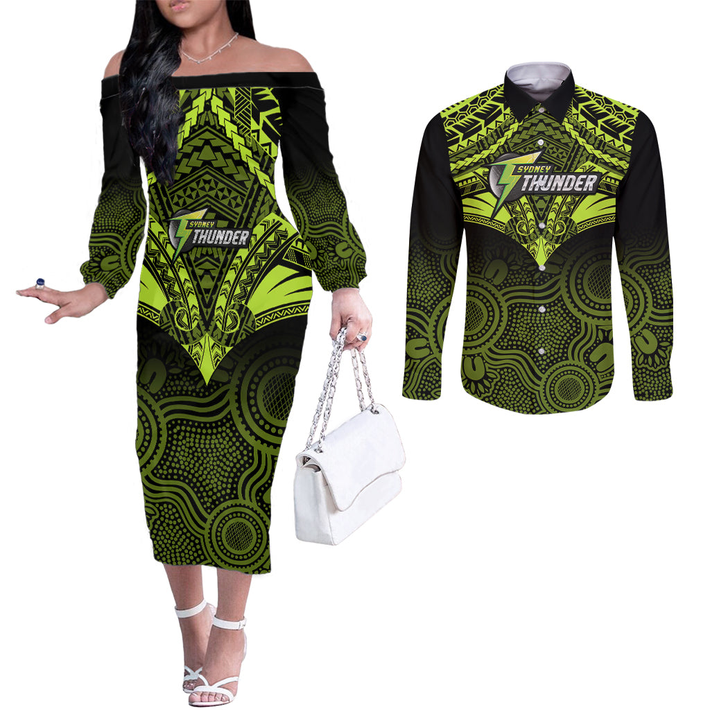 custom-sydney-thunder-cricket-couples-matching-off-the-shoulder-long-sleeve-dress-and-long-sleeve-button-shirts-2023-unique-indigenous-art-mix-polynesian-pattern