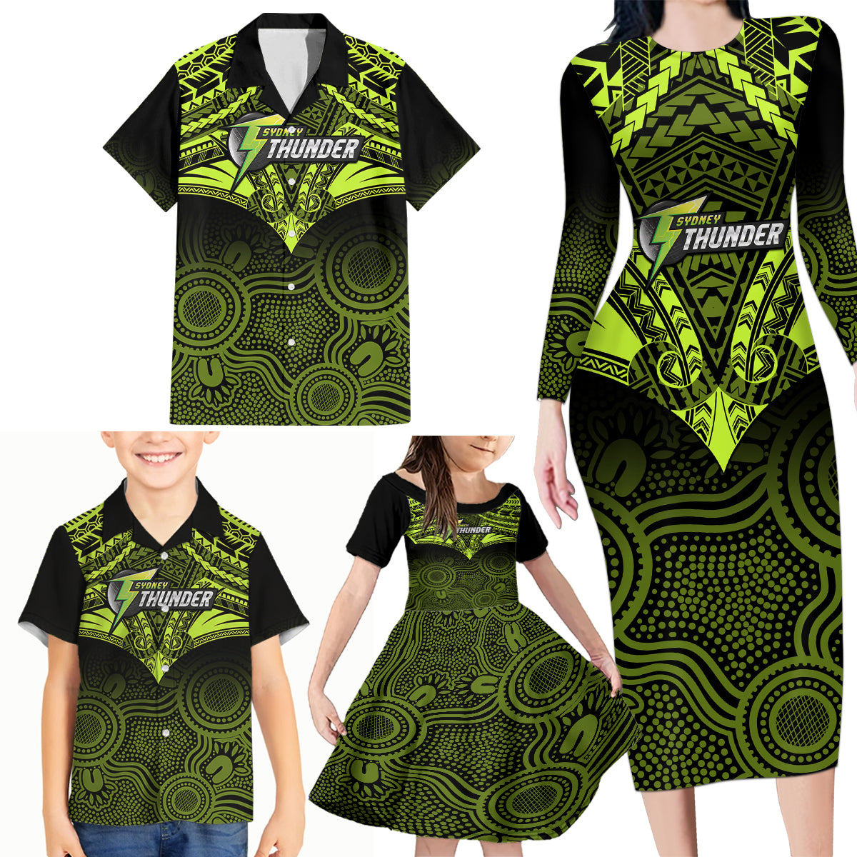 custom-sydney-thunder-cricket-family-matching-long-sleeve-bodycon-dress-and-hawaiian-shirt-2023-unique-indigenous-art-mix-polynesian-pattern