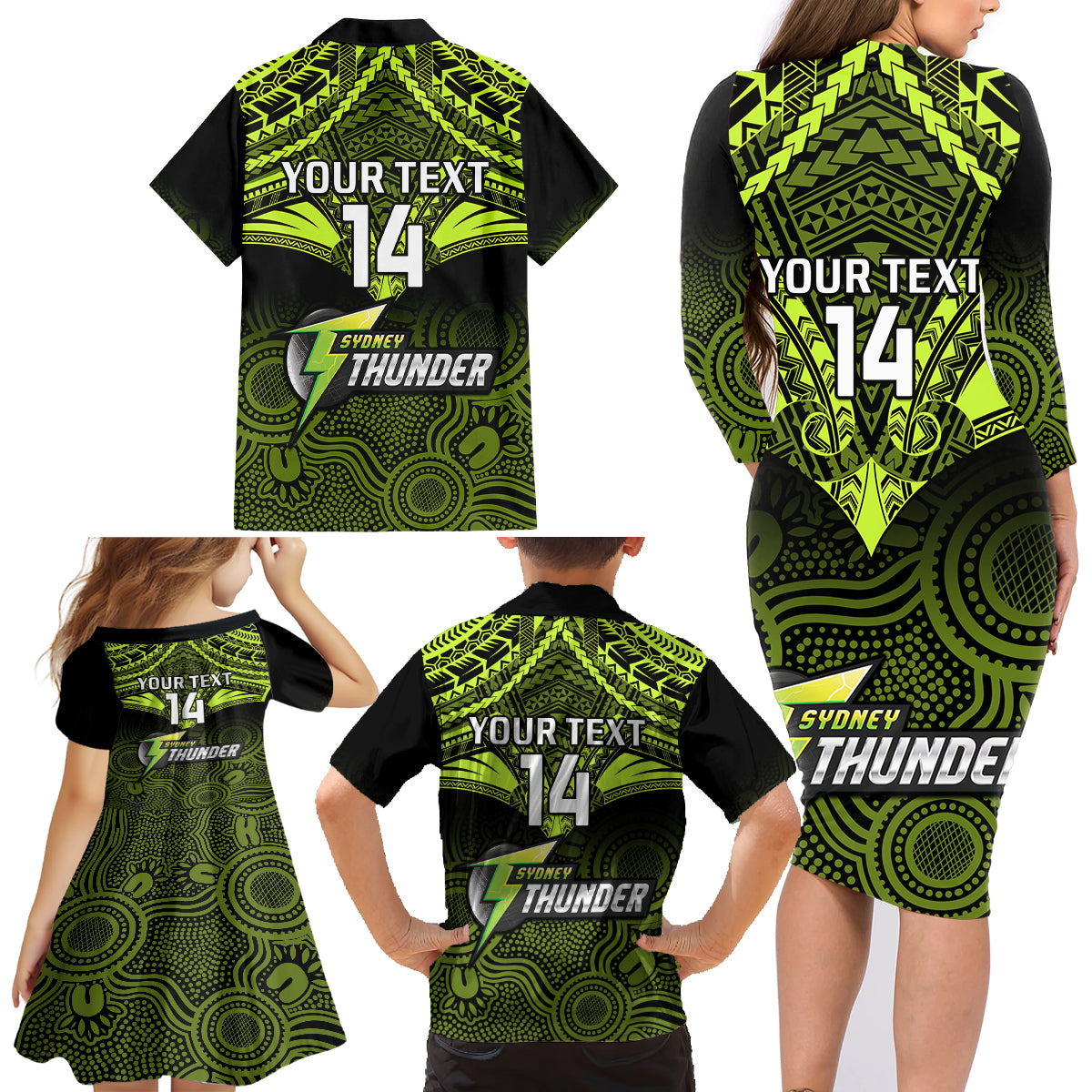 custom-sydney-thunder-cricket-family-matching-long-sleeve-bodycon-dress-and-hawaiian-shirt-2023-unique-indigenous-art-mix-polynesian-pattern