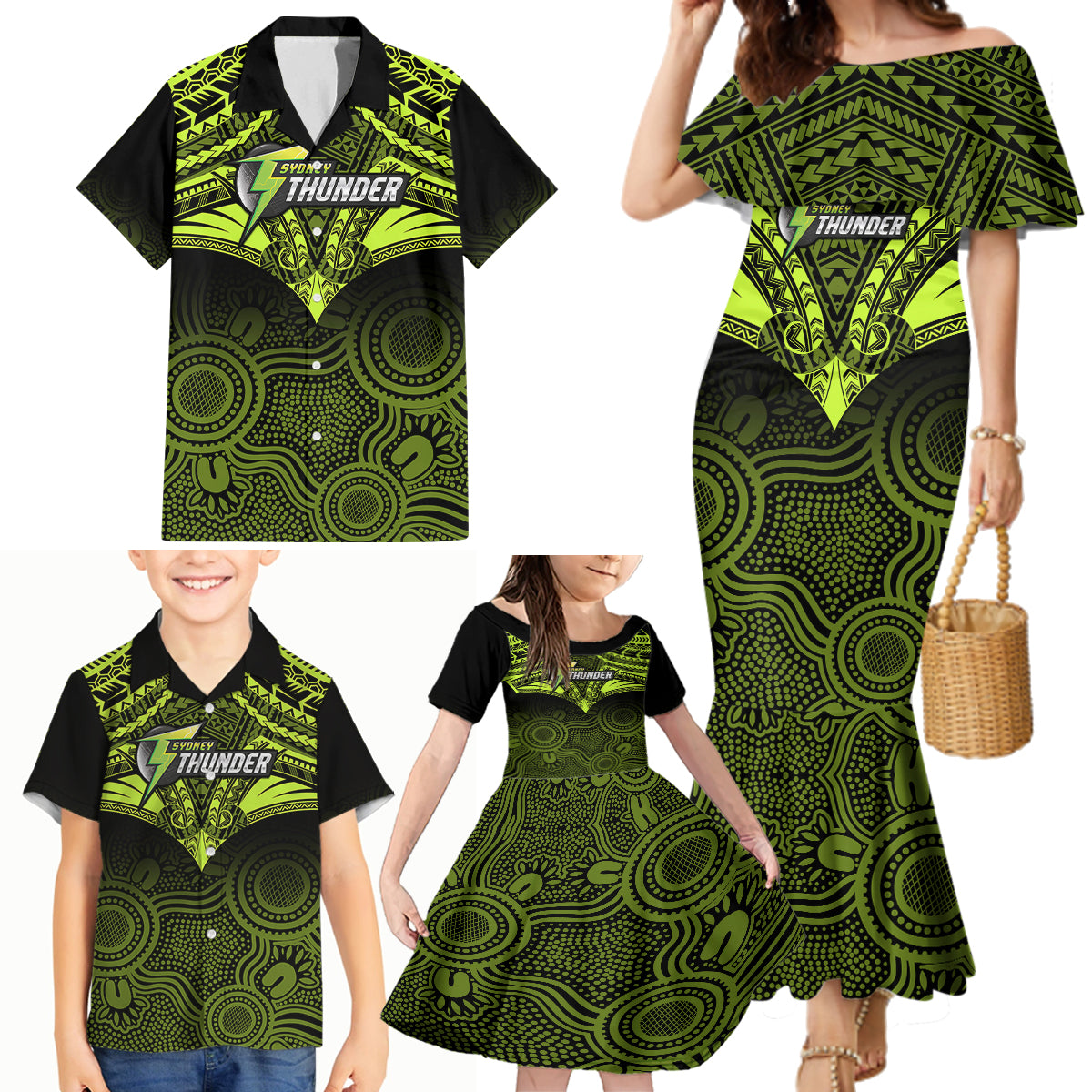 custom-sydney-thunder-cricket-family-matching-mermaid-dress-and-hawaiian-shirt-2023-unique-indigenous-art-mix-polynesian-pattern