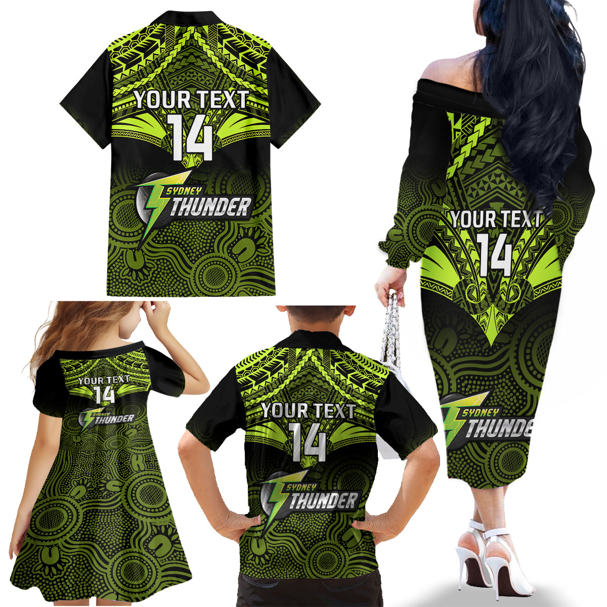 Custom Sydney Thunder Cricket Family Matching Off Shoulder Long Sleeve Dress and Hawaiian Shirt 2023 Unique Indigenous Art Mix Polynesian Pattern LT14