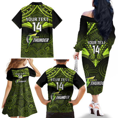 Custom Sydney Thunder Cricket Family Matching Off Shoulder Long Sleeve Dress and Hawaiian Shirt 2023 Unique Indigenous Art Mix Polynesian Pattern LT14