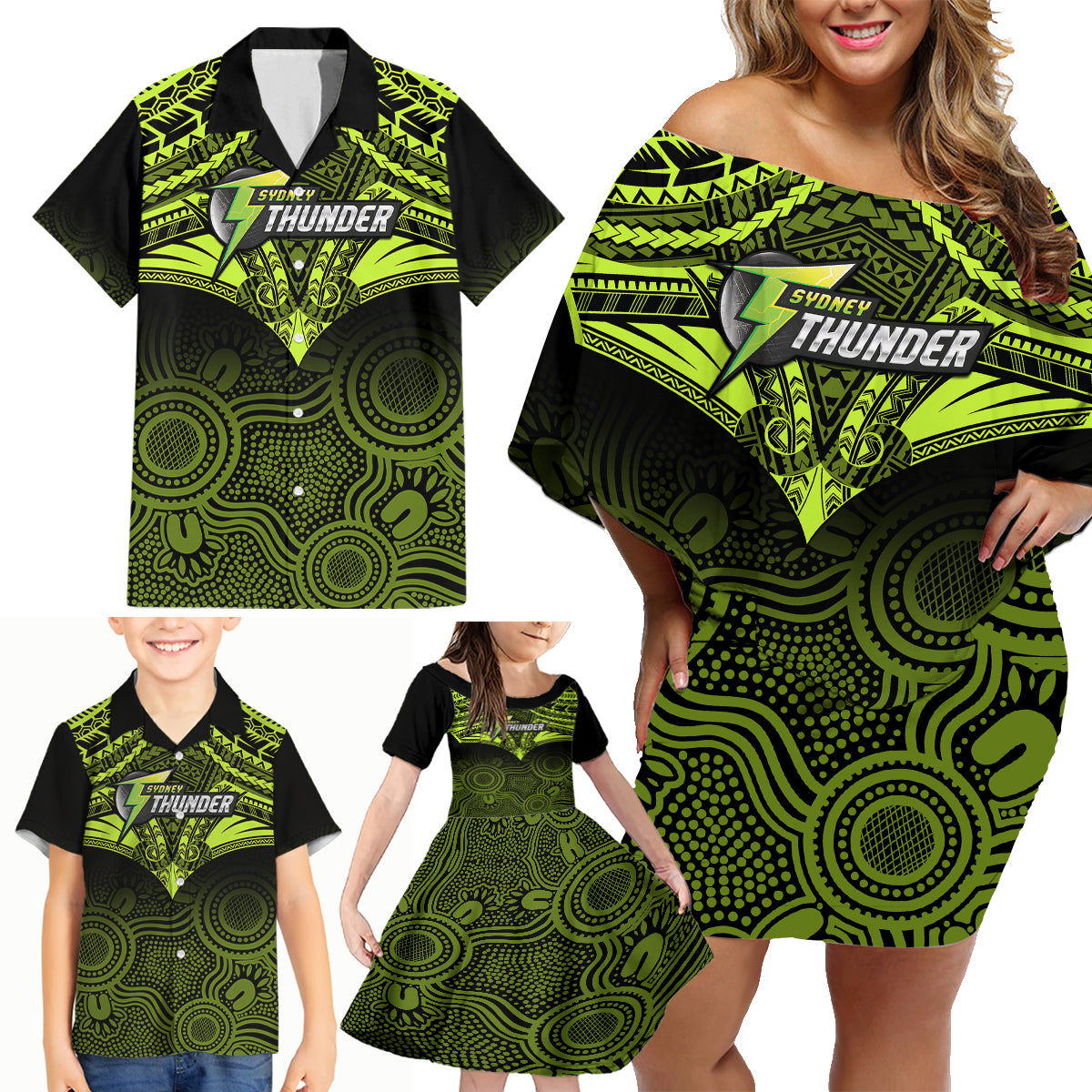 Custom Sydney Thunder Cricket Family Matching Off Shoulder Short Dress and Hawaiian Shirt 2023 Unique Indigenous Art Mix Polynesian Pattern LT14