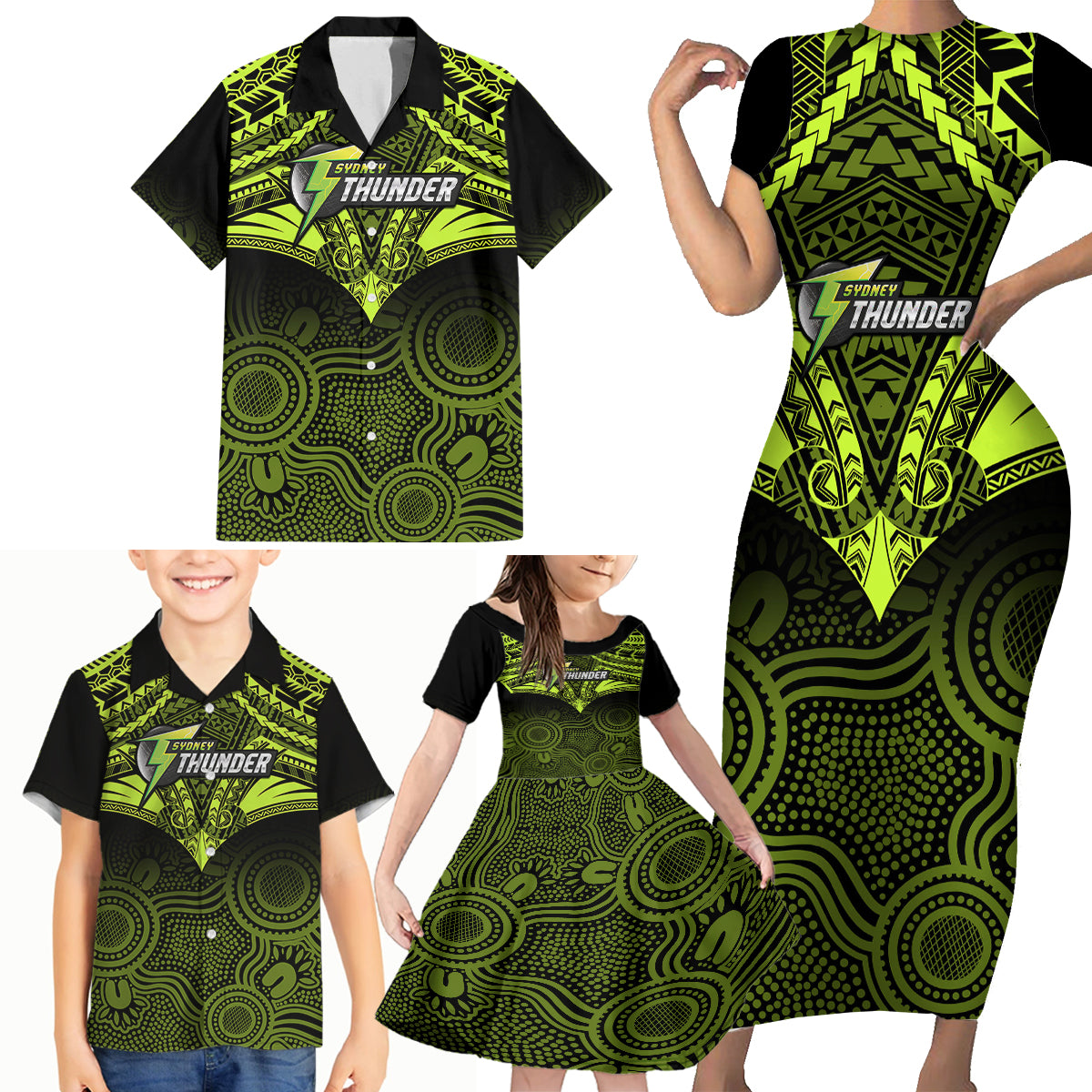 custom-sydney-thunder-cricket-family-matching-short-sleeve-bodycon-dress-and-hawaiian-shirt-2023-unique-indigenous-art-mix-polynesian-pattern
