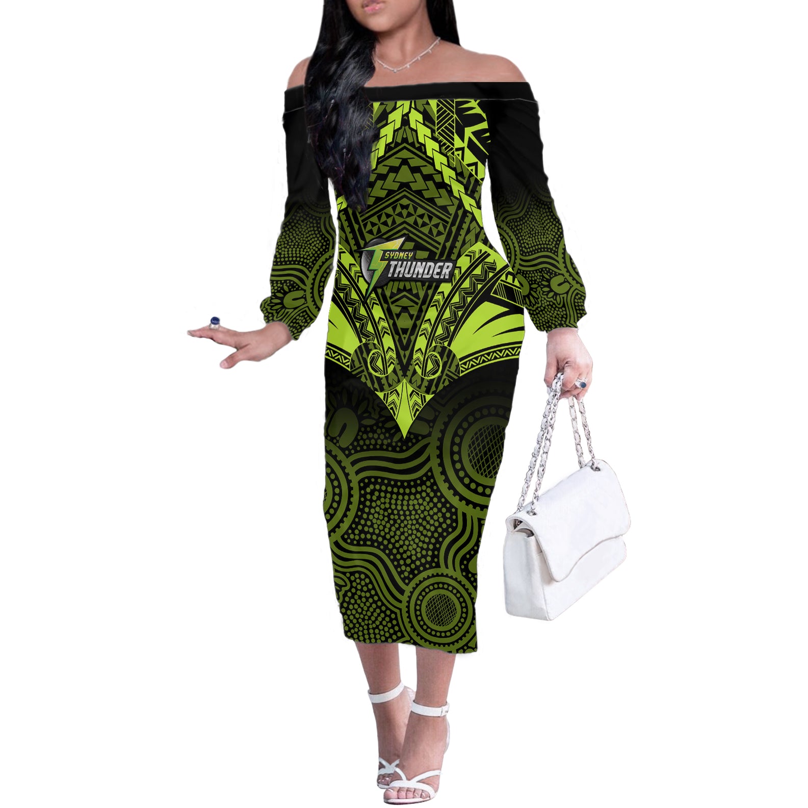 custom-sydney-thunder-cricket-off-the-shoulder-long-sleeve-dress-2023-unique-indigenous-art-mix-polynesian-pattern