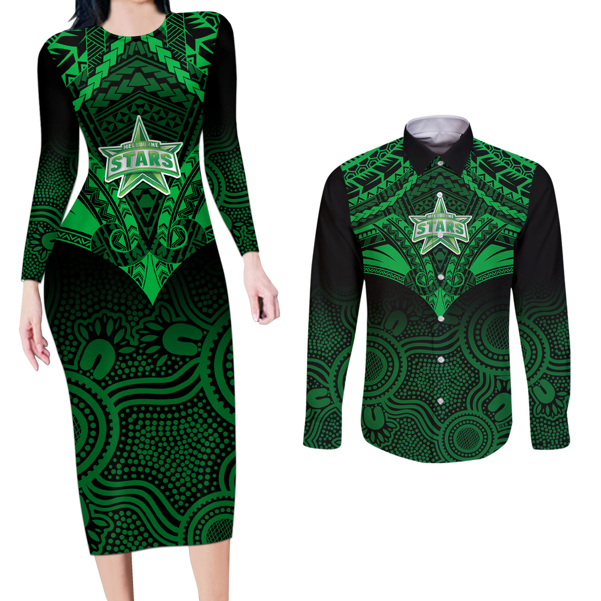 melbourne-stars-cricket-couples-matching-long-sleeve-bodycon-dress-and-long-sleeve-button-shirts-2023-unique-indigenous-art-mix-polynesian-pattern