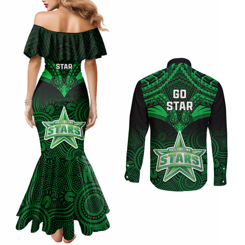 melbourne-stars-cricket-couples-matching-mermaid-dress-and-long-sleeve-button-shirts-2023-unique-indigenous-art-mix-polynesian-pattern