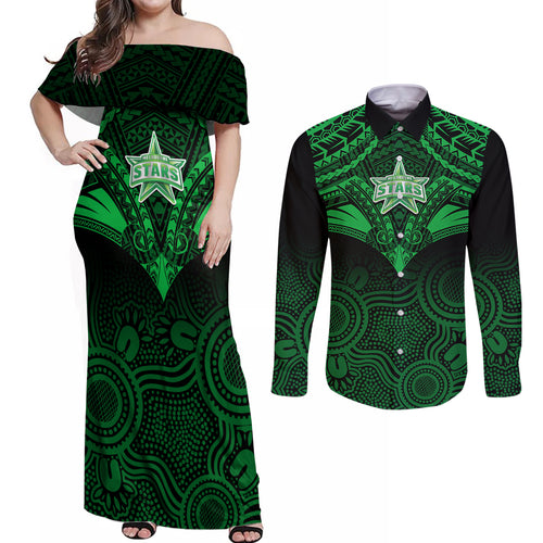melbourne-stars-cricket-couples-matching-off-shoulder-maxi-dress-and-long-sleeve-button-shirts-2023-unique-indigenous-art-mix-polynesian-pattern