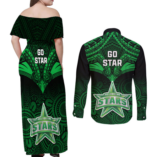 melbourne-stars-cricket-couples-matching-off-shoulder-maxi-dress-and-long-sleeve-button-shirts-2023-unique-indigenous-art-mix-polynesian-pattern