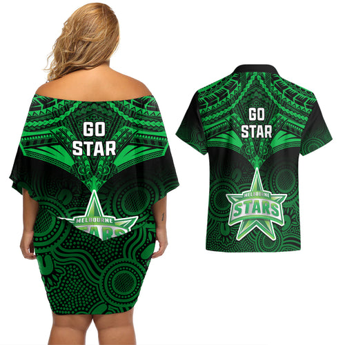 melbourne-stars-cricket-couples-matching-off-shoulder-short-dress-and-hawaiian-shirt-2023-unique-indigenous-art-mix-polynesian-pattern