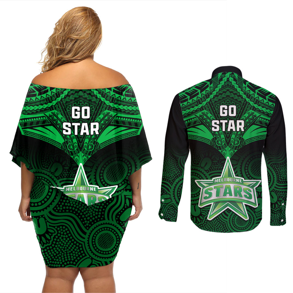 melbourne-stars-cricket-couples-matching-off-shoulder-short-dress-and-long-sleeve-button-shirts-2023-unique-indigenous-art-mix-polynesian-pattern
