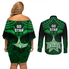 melbourne-stars-cricket-couples-matching-off-shoulder-short-dress-and-long-sleeve-button-shirts-2023-unique-indigenous-art-mix-polynesian-pattern