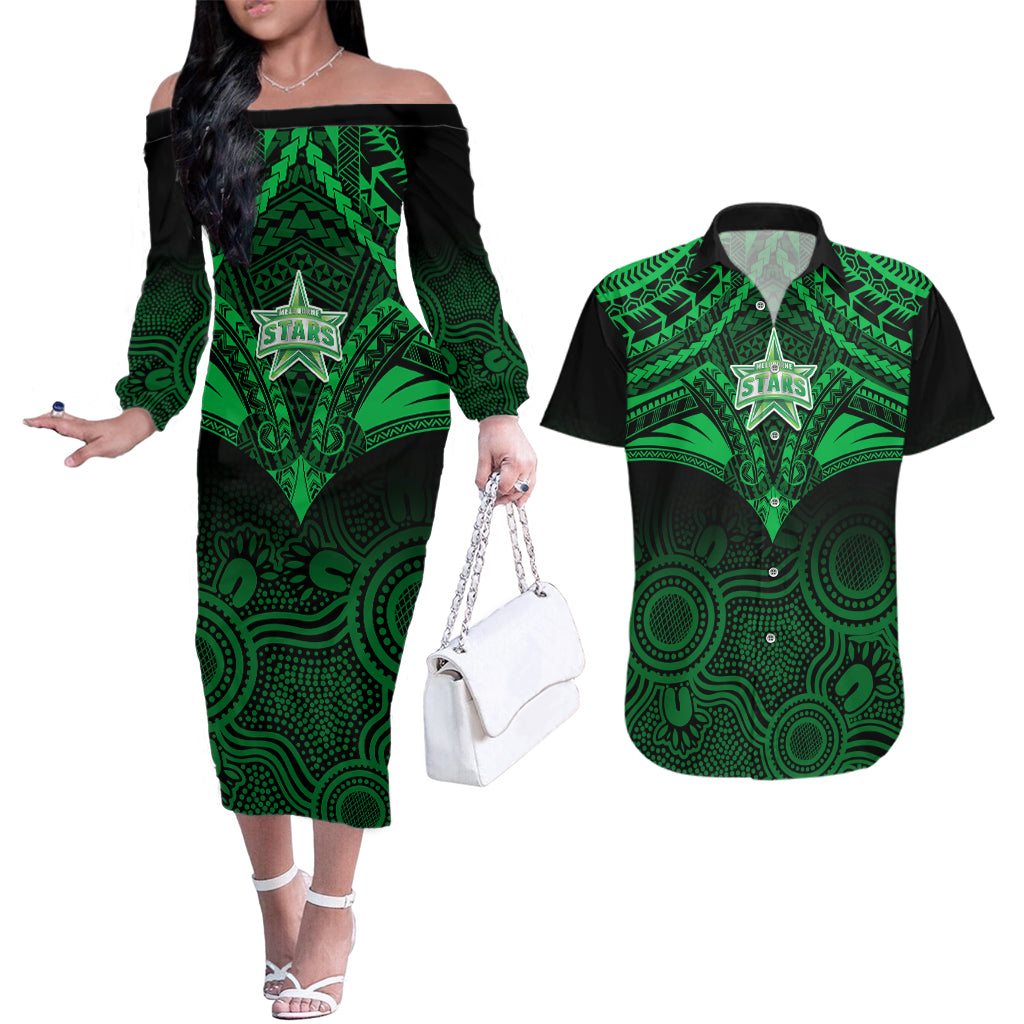 melbourne-stars-cricket-couples-matching-off-the-shoulder-long-sleeve-dress-and-hawaiian-shirt-2023-unique-indigenous-art-mix-polynesian-pattern