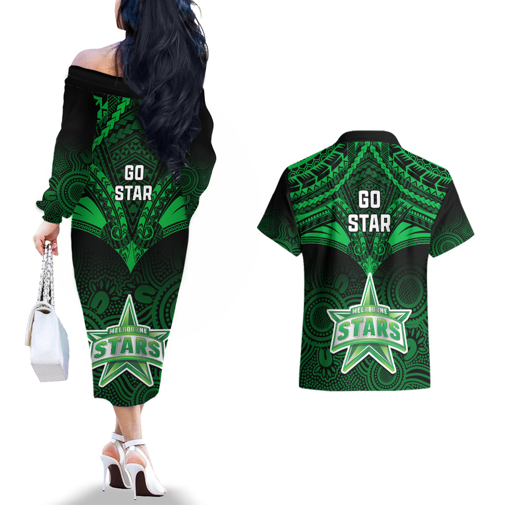 melbourne-stars-cricket-couples-matching-off-the-shoulder-long-sleeve-dress-and-hawaiian-shirt-2023-unique-indigenous-art-mix-polynesian-pattern