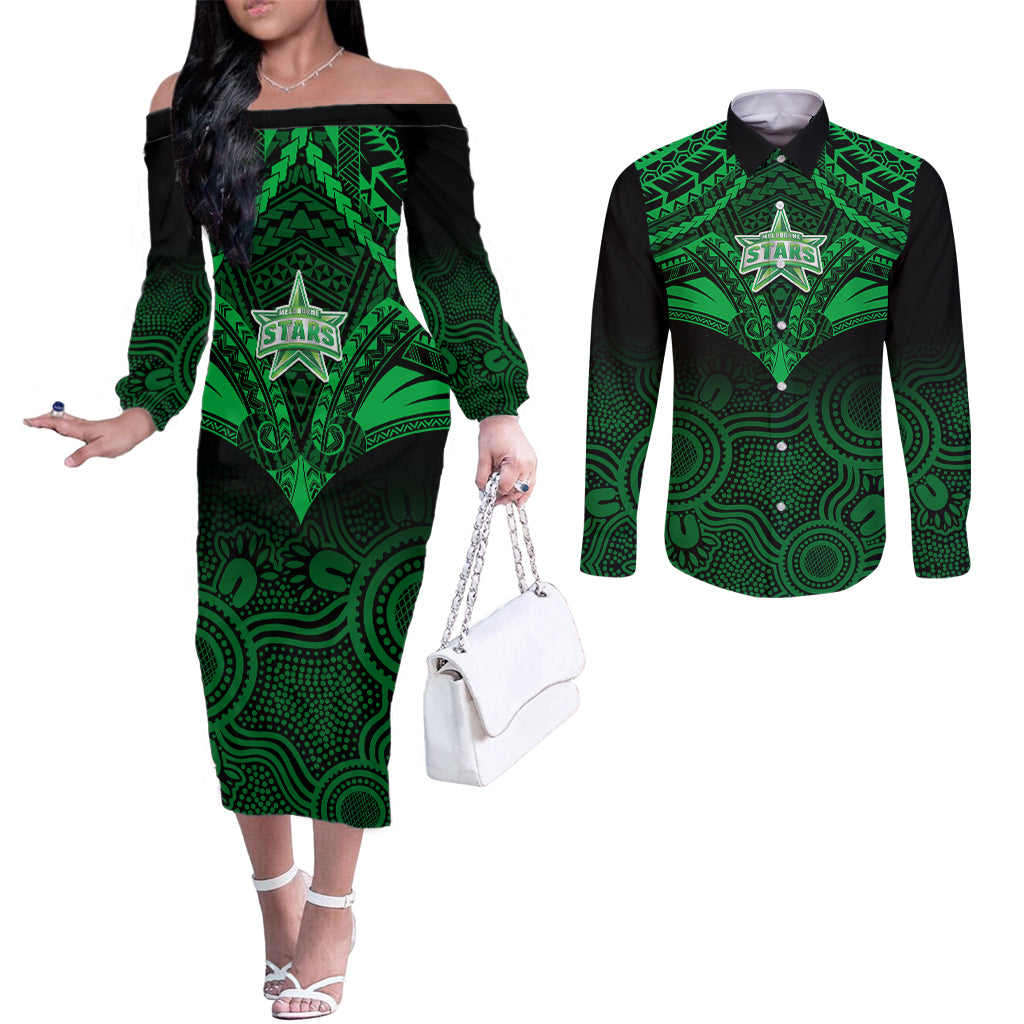 melbourne-stars-cricket-couples-matching-off-the-shoulder-long-sleeve-dress-and-long-sleeve-button-shirts-2023-unique-indigenous-art-mix-polynesian-pattern