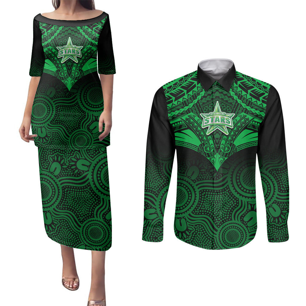 melbourne-stars-cricket-couples-matching-puletasi-dress-and-long-sleeve-button-shirts-2023-unique-indigenous-art-mix-polynesian-pattern