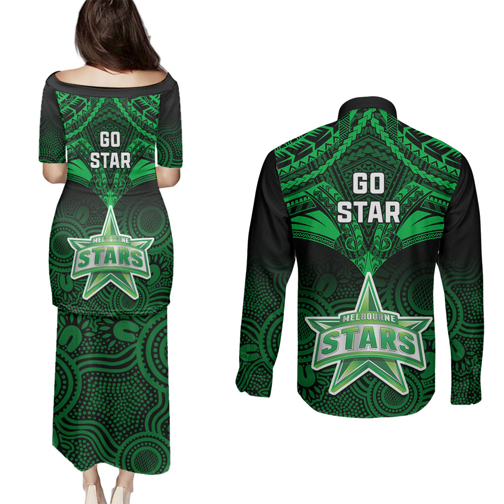 melbourne-stars-cricket-couples-matching-puletasi-dress-and-long-sleeve-button-shirts-2023-unique-indigenous-art-mix-polynesian-pattern