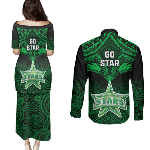 melbourne-stars-cricket-couples-matching-puletasi-dress-and-long-sleeve-button-shirts-2023-unique-indigenous-art-mix-polynesian-pattern