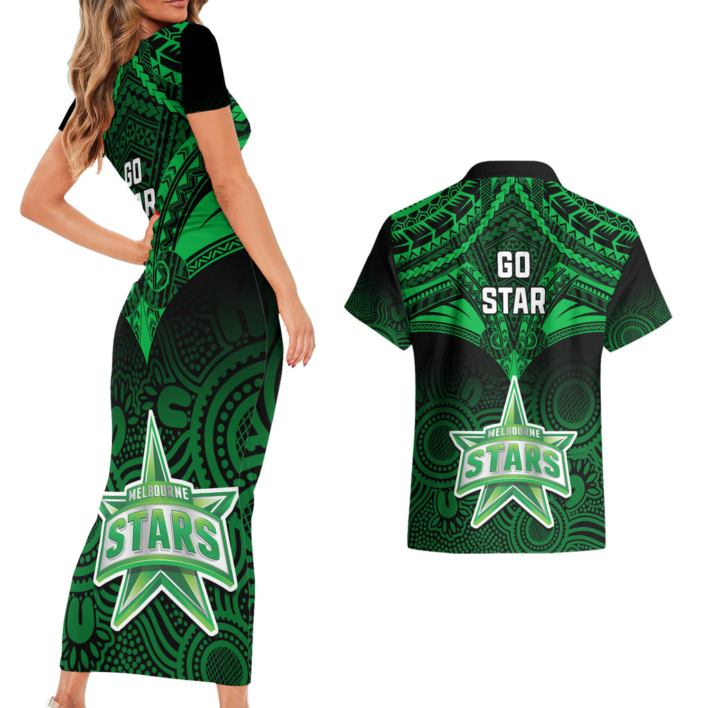 melbourne-stars-cricket-couples-matching-short-sleeve-bodycon-dress-and-hawaiian-shirt-2023-unique-indigenous-art-mix-polynesian-pattern