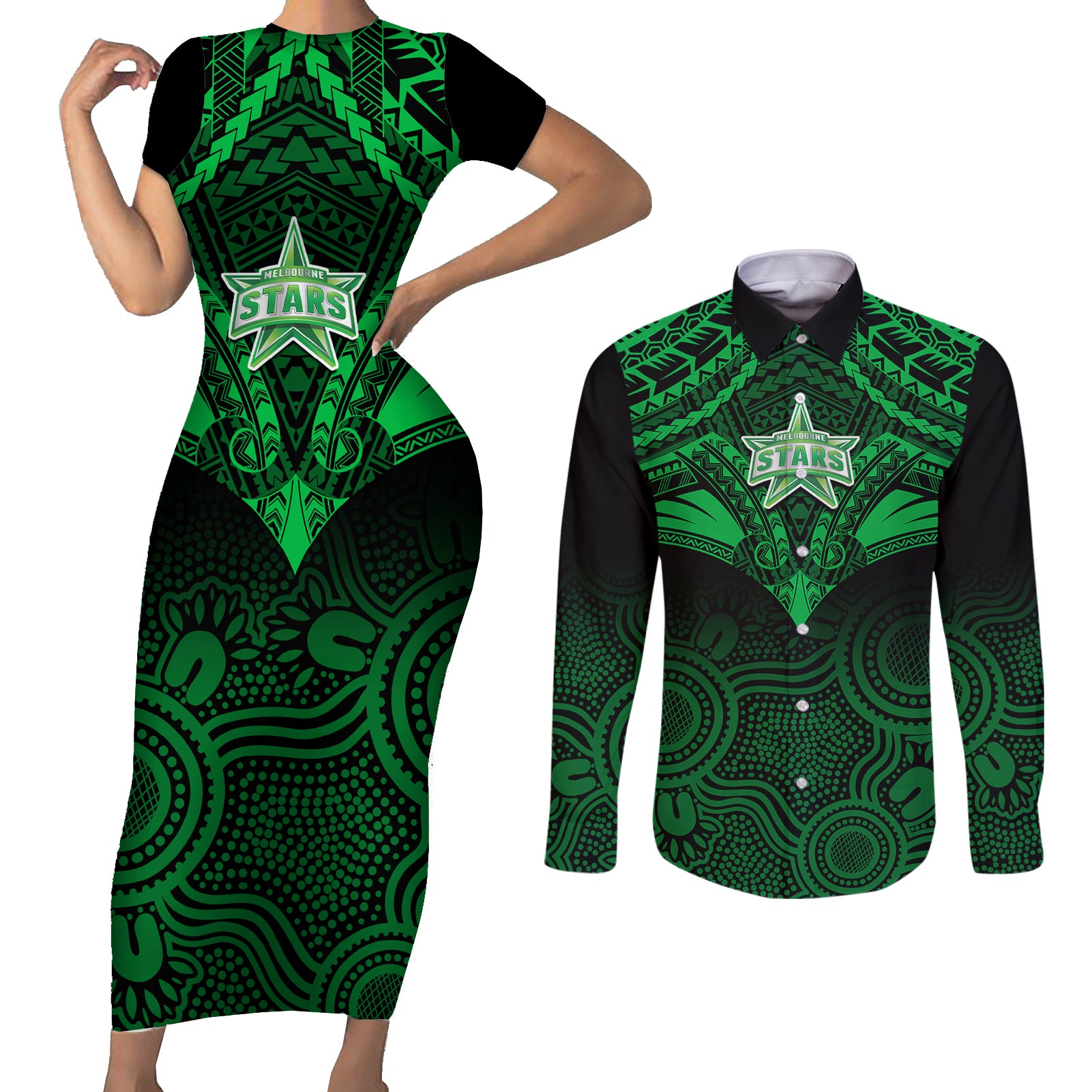 melbourne-stars-cricket-couples-matching-short-sleeve-bodycon-dress-and-long-sleeve-button-shirts-2023-unique-indigenous-art-mix-polynesian-pattern