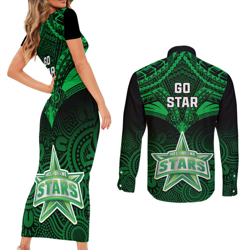 melbourne-stars-cricket-couples-matching-short-sleeve-bodycon-dress-and-long-sleeve-button-shirts-2023-unique-indigenous-art-mix-polynesian-pattern