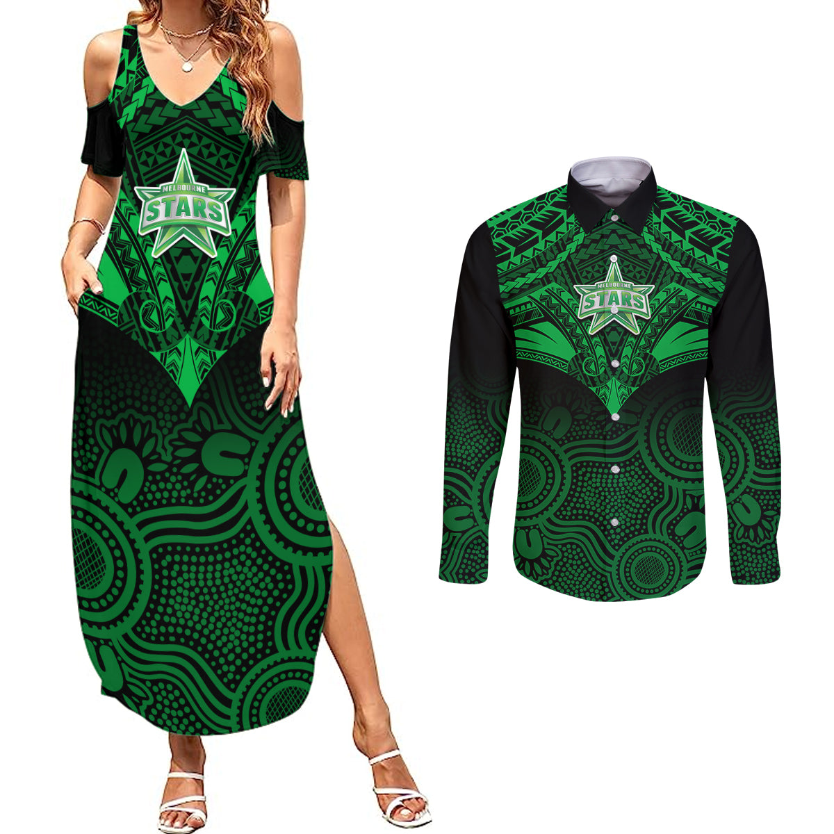 melbourne-stars-cricket-couples-matching-summer-maxi-dress-and-long-sleeve-button-shirts-2023-unique-indigenous-art-mix-polynesian-pattern