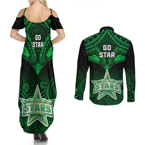 melbourne-stars-cricket-couples-matching-summer-maxi-dress-and-long-sleeve-button-shirts-2023-unique-indigenous-art-mix-polynesian-pattern