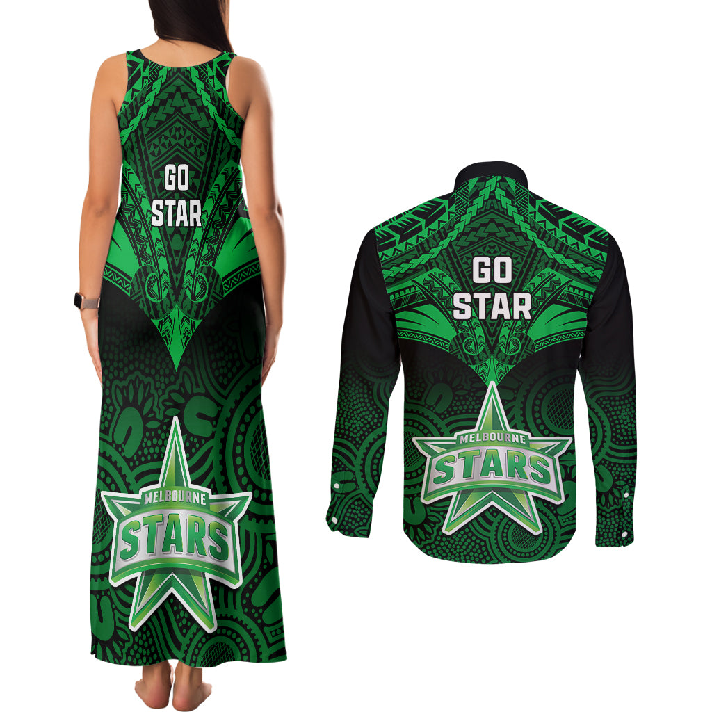 melbourne-stars-cricket-couples-matching-tank-maxi-dress-and-long-sleeve-button-shirts-2023-unique-indigenous-art-mix-polynesian-pattern