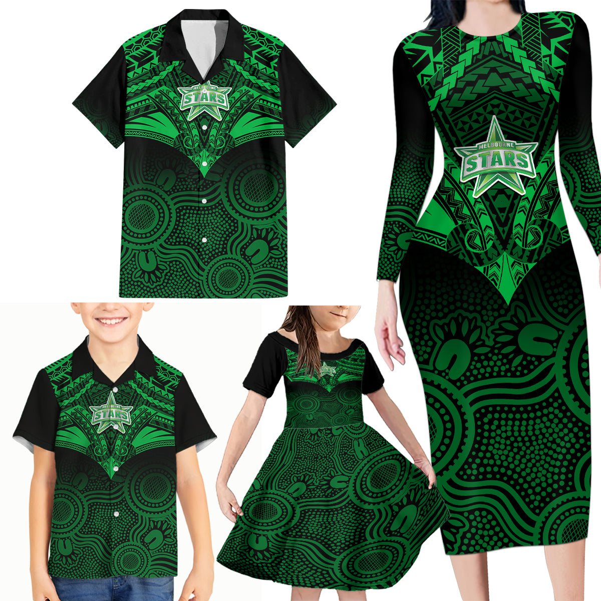 melbourne-stars-cricket-family-matching-long-sleeve-bodycon-dress-and-hawaiian-shirt-2023-unique-indigenous-art-mix-polynesian-pattern