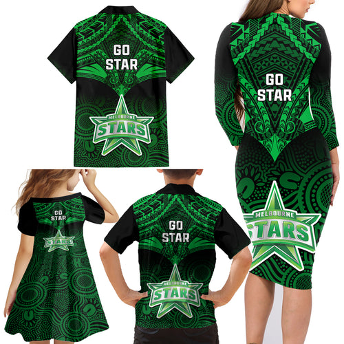 melbourne-stars-cricket-family-matching-long-sleeve-bodycon-dress-and-hawaiian-shirt-2023-unique-indigenous-art-mix-polynesian-pattern