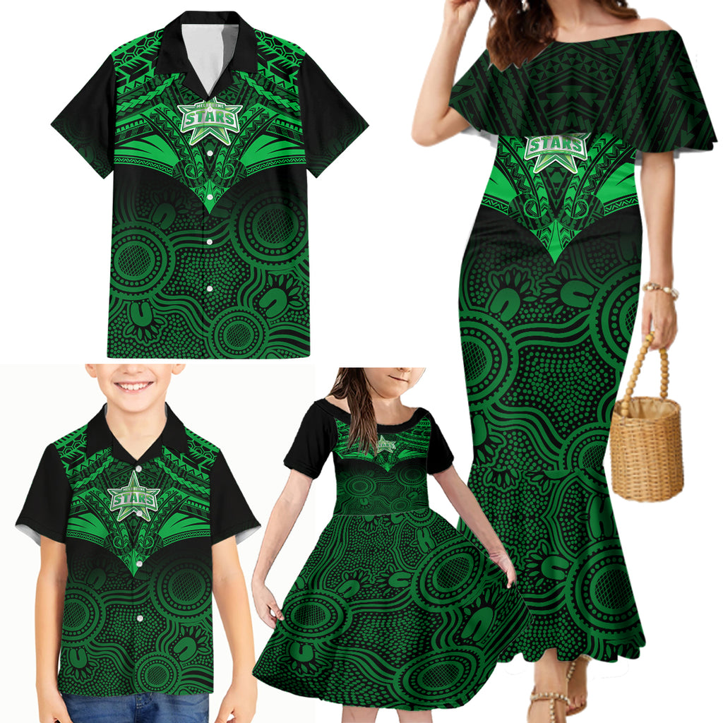 melbourne-stars-cricket-family-matching-mermaid-dress-and-hawaiian-shirt-2023-unique-indigenous-art-mix-polynesian-pattern