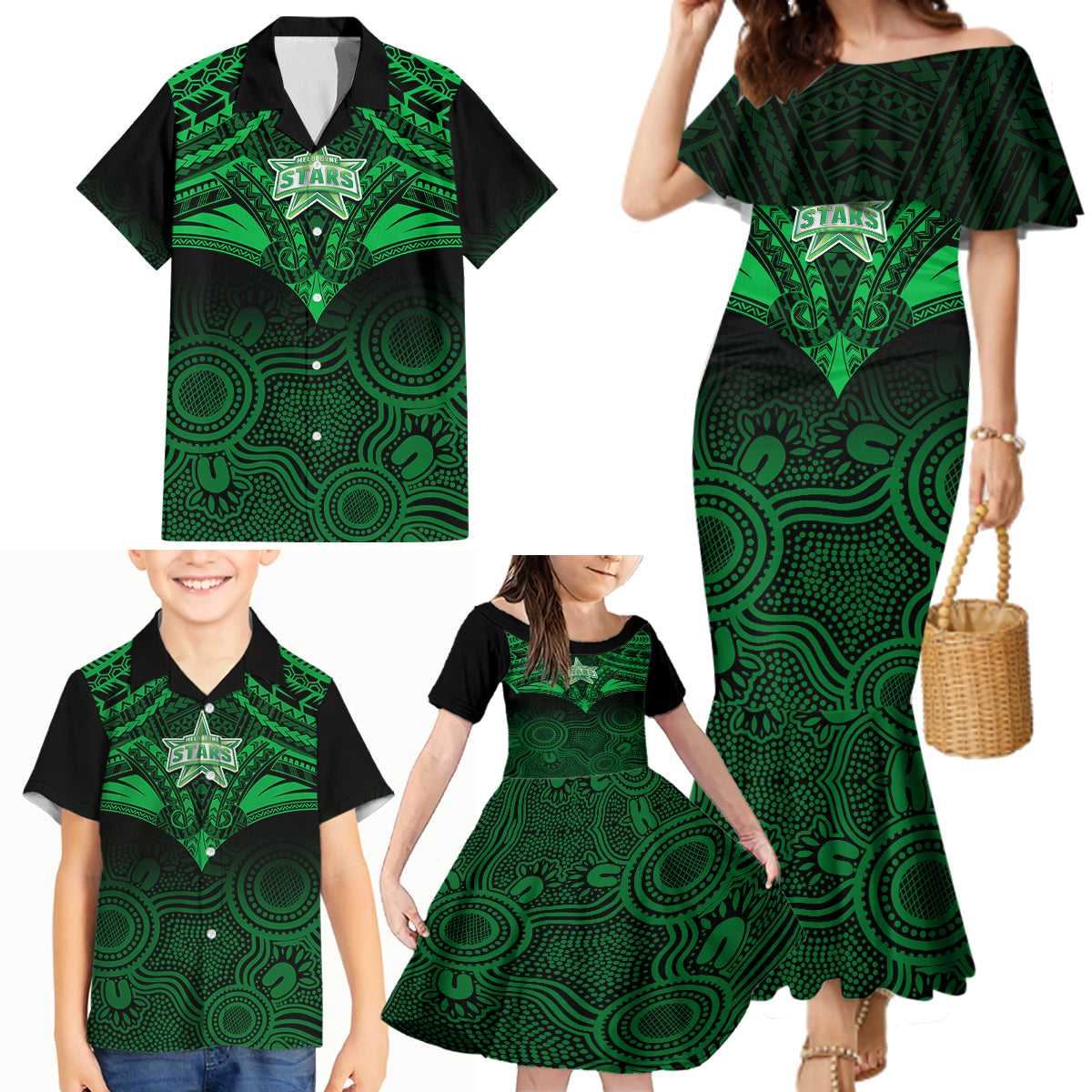 melbourne-stars-cricket-family-matching-mermaid-dress-and-hawaiian-shirt-2023-unique-indigenous-art-mix-polynesian-pattern